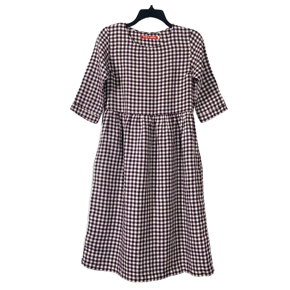 Pyne & Smith Aubergine Gingham Check Linen Midi Dress Size XS Made in USA